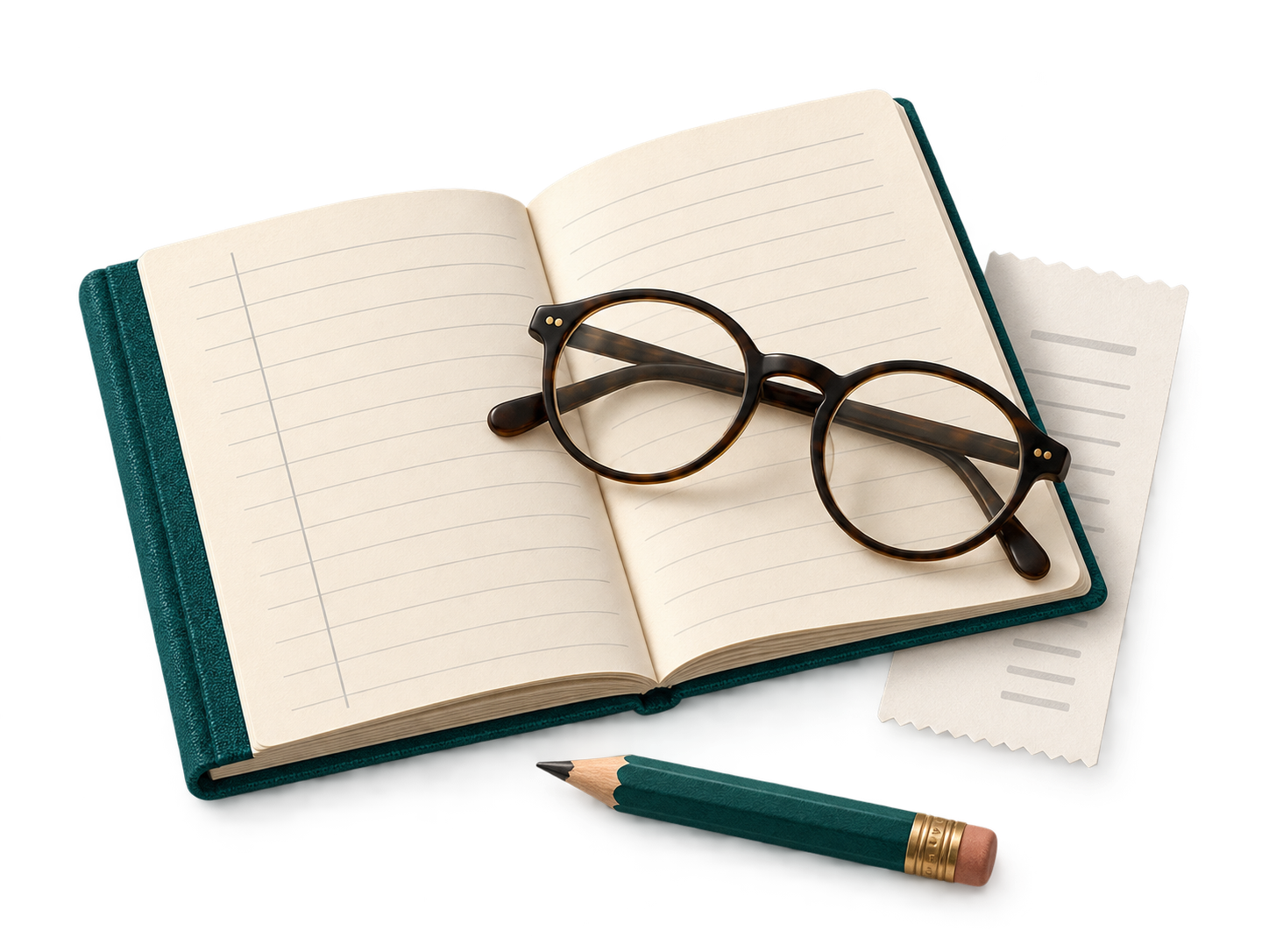 An open ledger, spectacles, a receipt and a teal pencil.